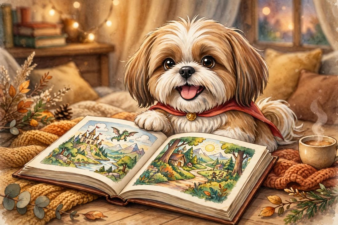 Illustrated storybook scene starring a happy dog