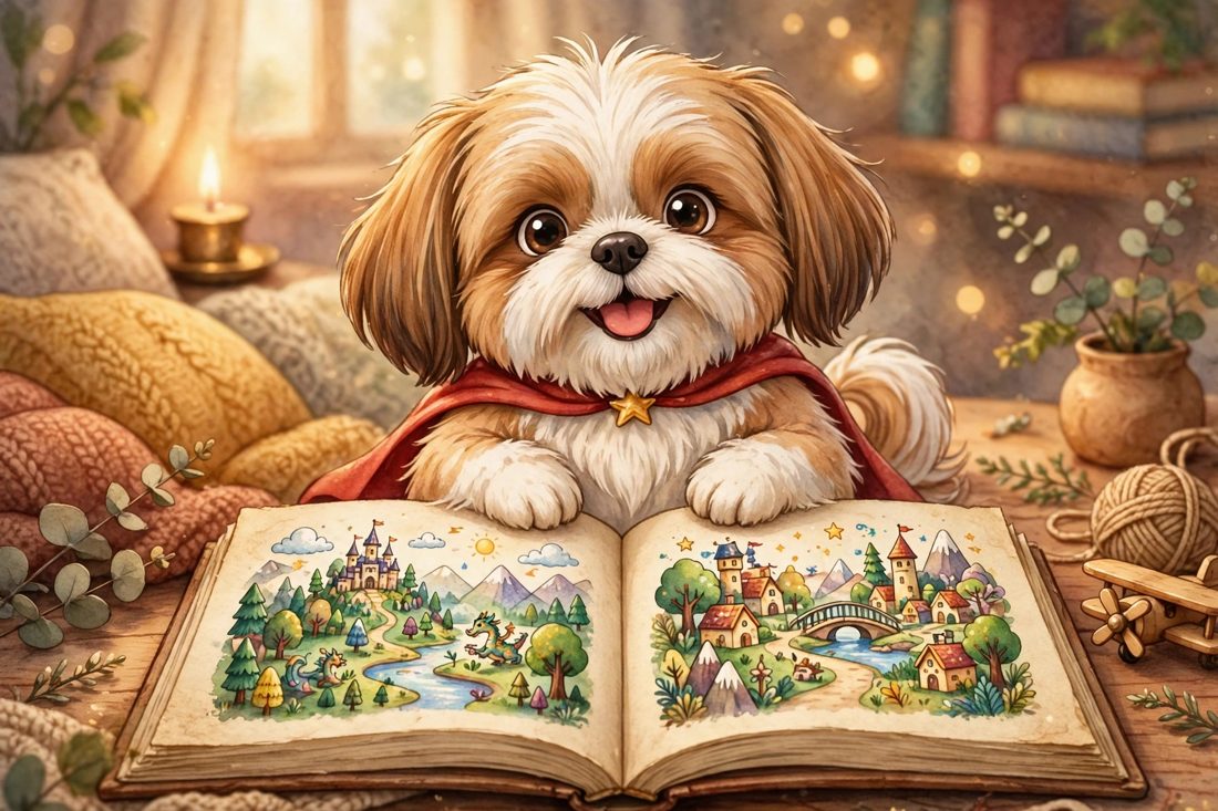 Illustrated storybook scene with a dog hero